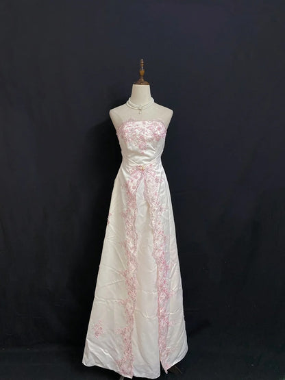Vintage 90s A Line Strapless White Satin Pink Lace Prom Dresses Formal Outfit Evening Night Dress RB7924