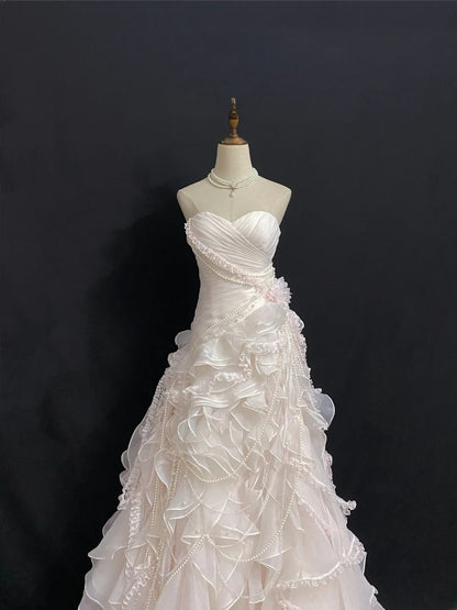Vintage 90s Mermaid Sweetheart Chiffon With Tiered Layers Pink Lace Long Prom Dresses Formal Outfit Evening Night Dress RB7926