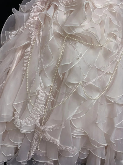 Vintage 90s Mermaid Sweetheart Chiffon With Tiered Layers Pink Lace Long Prom Dresses Formal Outfit Evening Night Dress RB7926