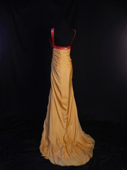Robe de bal longue vintage sirène en mousseline à sequins dorés, col en V, style années 1950, avec corsage à volants. Inspiration pour une tenue de 18 ans ou une robe de soirée (AS469).