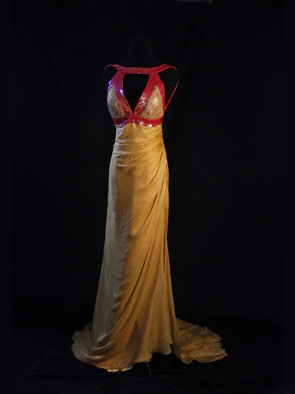 Robe de bal longue vintage sirène en mousseline à sequins dorés, col en V, style années 1950, avec corsage à volants. Inspiration pour une tenue de 18 ans ou une robe de soirée (AS469).