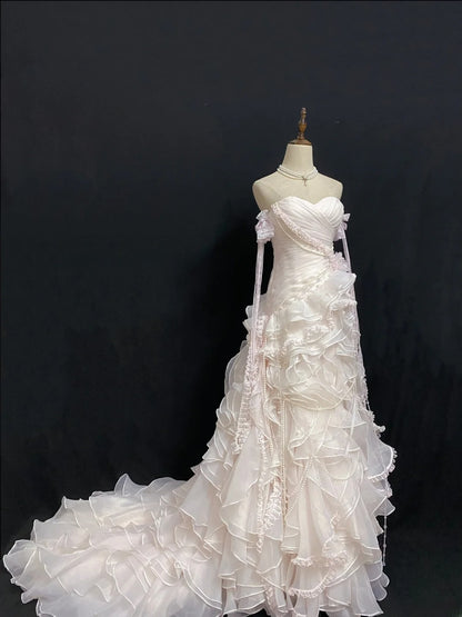 Vintage 90s Mermaid Sweetheart Chiffon With Tiered Layers Pink Lace Prom Dresses Formal Outfit Evening Night Dress RB7925