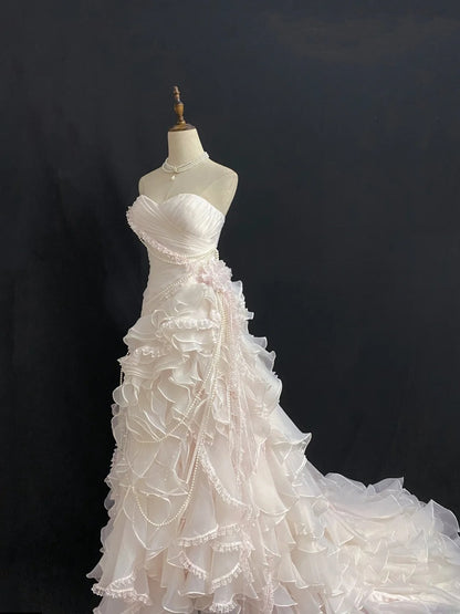 Vintage 90s Mermaid Sweetheart Chiffon With Tiered Layers Pink Lace Prom Dresses Formal Outfit Evening Night Dress RB7925