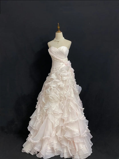 Vintage 90s Mermaid Sweetheart Chiffon With Tiered Layers Pink Lace Prom Dresses Formal Outfit Evening Night Dress RB7925