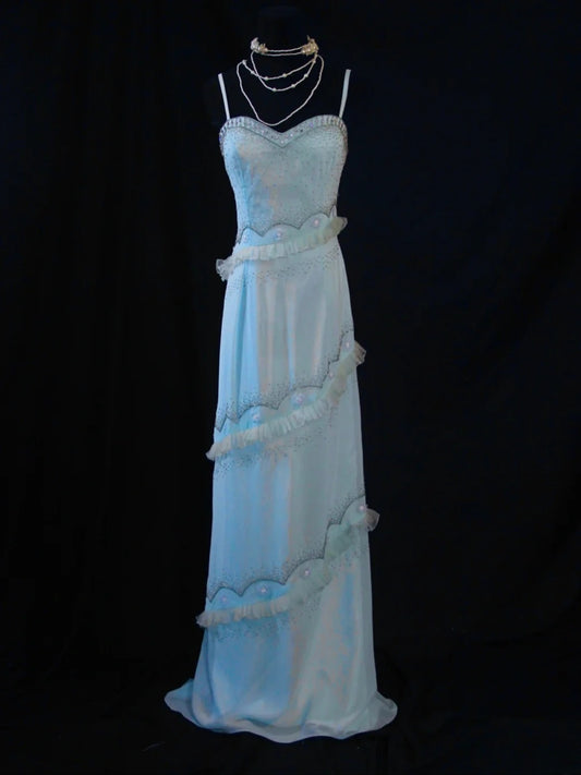 Vintage A-Linien-Kleid mit Spaghettiträgern, hellblauer Chiffon im 70er-Jahre-Stil mit Perlen, Inspiration für den 19. Geburtstag, formelles Kleid für Damen AS470