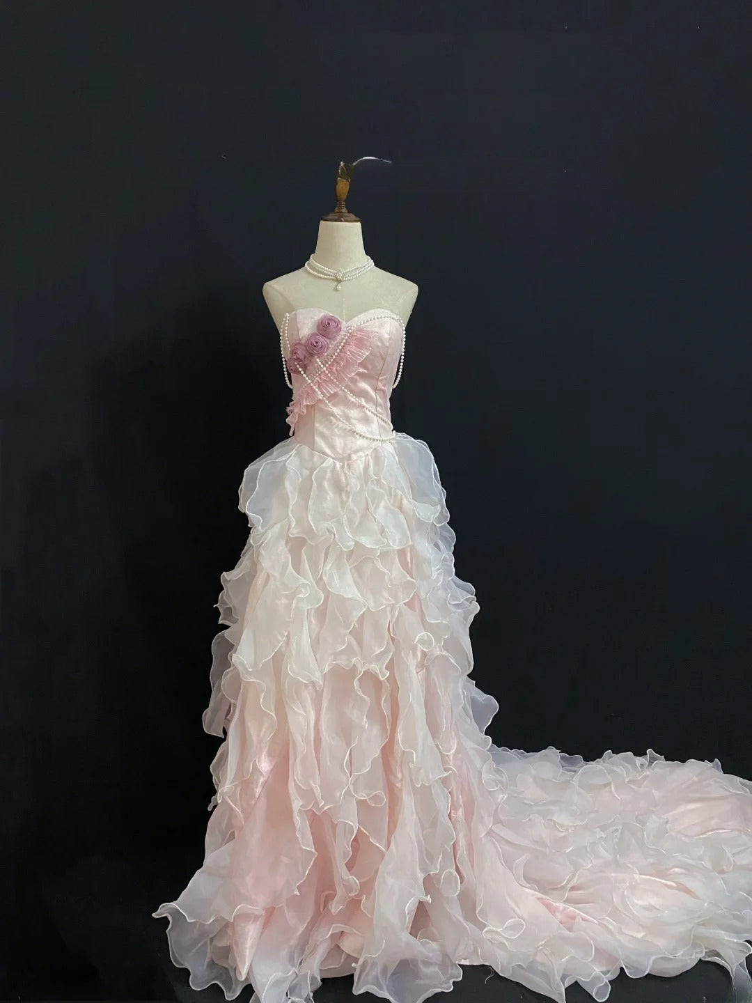 Vintage 90s A Line Spaghetti Straps Chiffon With Tiered Layers Pink Flowers Long Prom Dresses Formal Outfit Evening Night Dress RB7927