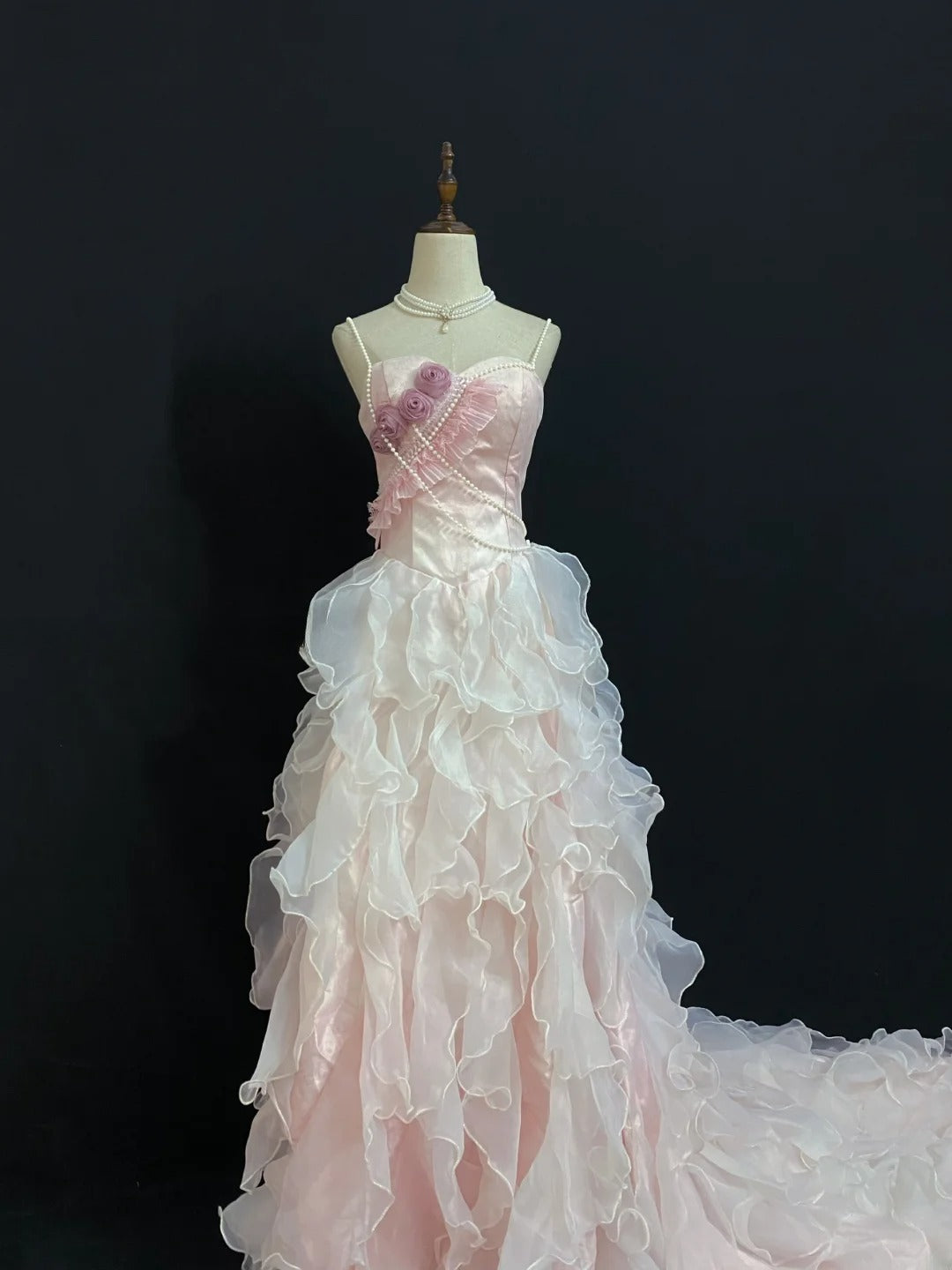 Vintage 90s A Line Spaghetti Straps Chiffon With Tiered Layers Pink Flowers Long Prom Dresses Formal Outfit Evening Night Dress RB7927