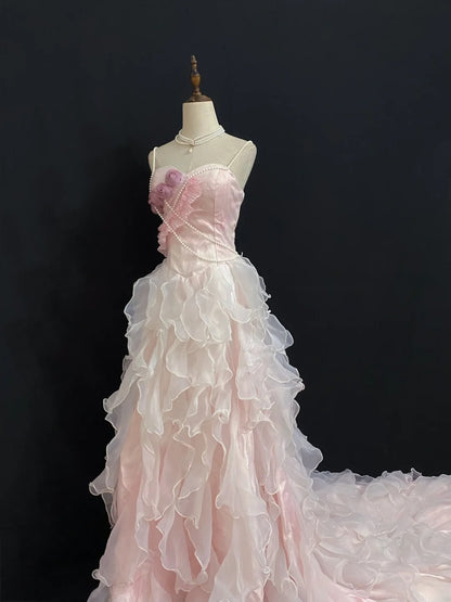 Vintage 90s A Line Spaghetti Straps Chiffon With Tiered Layers Pink Flowers Long Prom Dresses Formal Outfit Evening Night Dress RB7927