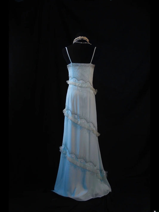 Vintage A-Linien-Kleid mit Spaghettiträgern, hellblauer Chiffon im 70er-Jahre-Stil mit Perlen, Inspiration für den 19. Geburtstag, formelles Kleid für Damen AS470