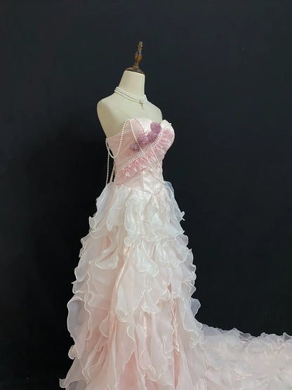 Vintage 90s A Line Spaghetti Straps Chiffon With Tiered Layers Pink Flowers Long Prom Dresses Formal Outfit Evening Night Dress RB7927