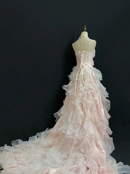 Vintage 90s A Line Spaghetti Straps Chiffon With Tiered Layers Pink Flowers Long Prom Dresses Formal Outfit Evening Night Dress RB7927