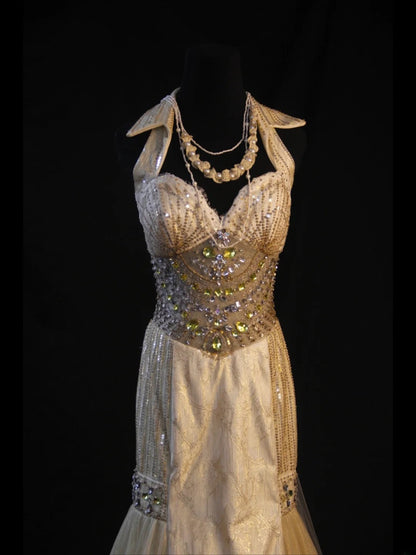 Retro 80s Mermaid Halter Champagne Tulle With Sequins Long Prom Dresses Inspo 22th Birthday Outfit Formal Dress AS471