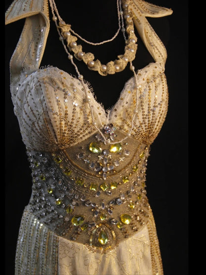Retro 80s Mermaid Halter Champagne Tulle With Sequins Long Prom Dresses Inspo 22th Birthday Outfit Formal Dress AS471
