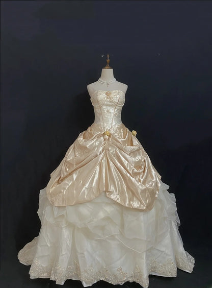 Princesses Ball Gown Strapless Gold Lace Long With Tiered Layers Quince Dress inspo Quinceanera Dresses Formal 16th Birthday Outfit RB7928