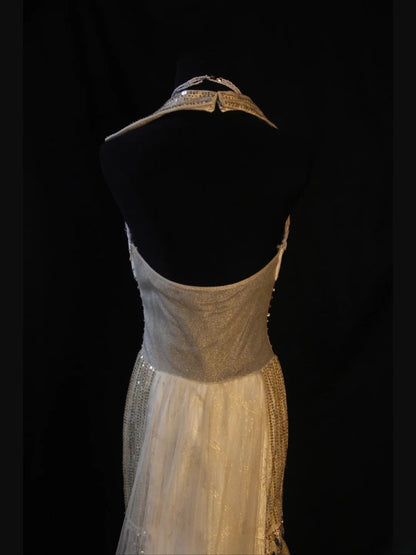 Retro 80s Mermaid Halter Champagne Tulle With Sequins Long Prom Dresses Inspo 22th Birthday Outfit Formal Dress AS471