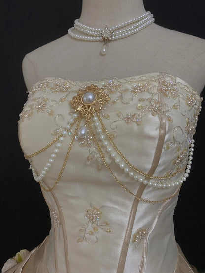 Princesses Ball Gown Strapless Gold Lace Long With Tiered Layers Quince Dress inspo Quinceanera Dresses Formal 16th Birthday Outfit RB7928