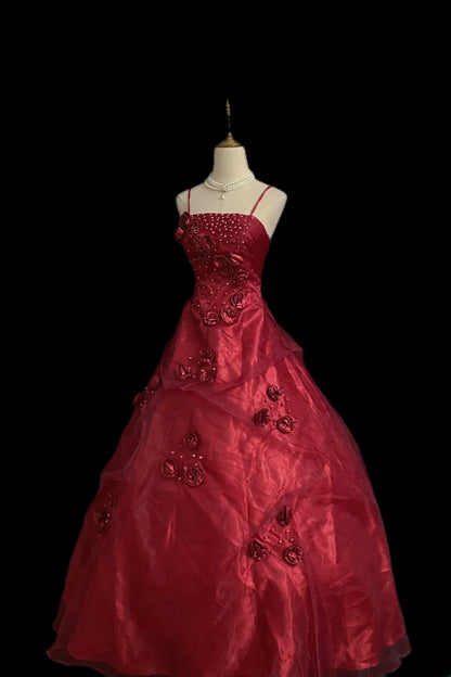 Aesthetic Ball Gown Spaghetti Straps Burgundy Tulle Long With 3D Flowers Long Quince Dress Quinceanera Dresses Formal 16th Birthday Outfits RB7929