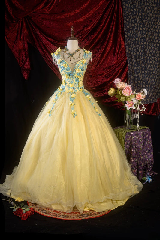 Hübsches Ballkleid in Gelb mit herzförmigem Ausschnitt für die Quinceanera mit 3D-Blumen für den 15. Geburtstag, elegantes Festkleid RB8630