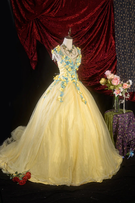 Hübsches Ballkleid in Gelb mit herzförmigem Ausschnitt für die Quinceanera mit 3D-Blumen für den 15. Geburtstag, elegantes Festkleid RB8630