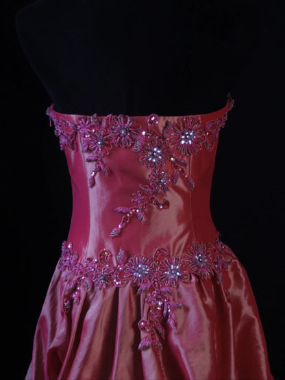 Robe de bal rétro années 80, bustier en satin rose orné de perles, longue, inspiration pour une tenue de 22e anniversaire, robe de soirée AS476