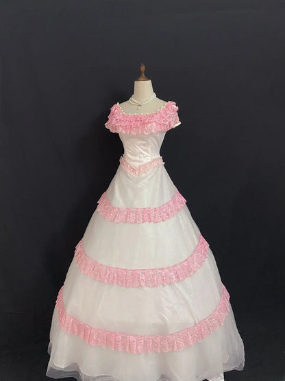 Princesses Fairytale Ball Gown Square Neck Pink With Tiered Layers Lace Quince Dress Quinceanera Dresses Formal 16th Birthday Outfit RB7935