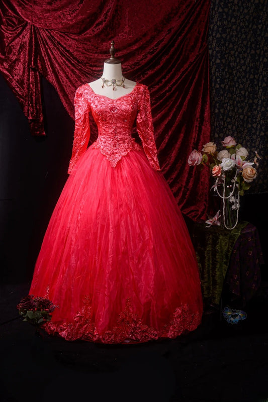 Wunderschönes rotes Tüll-Ballkleid für die Quinceanera mit langen Ärmeln für den 15. Geburtstag, formelles Kleid RB8632