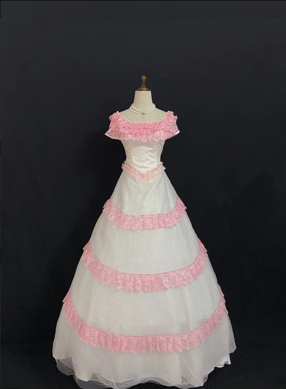 Princesses Fairytale Ball Gown Square Neck Pink With Tiered Layers Lace Quince Dress Quinceanera Dresses Formal 16th Birthday Outfit RB7935