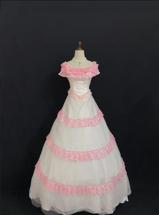 Princesses Fairytale Ball Gown Square Neck Pink With Tiered Layers Lace Quince Dress Quinceanera Dresses Formal 16th Birthday Outfit RB7935