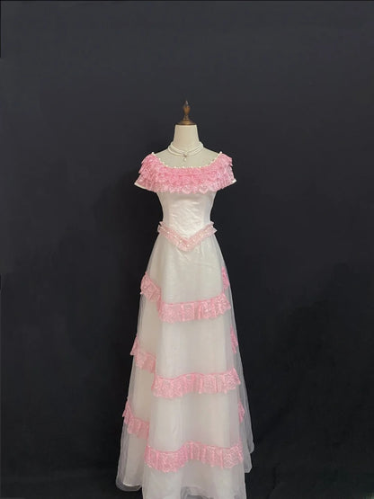 Princesses Fairytale Ball Gown Square Neck Pink With Tiered Layers Lace Quince Dress Quinceanera Dresses Formal 16th Birthday Outfit RB7935