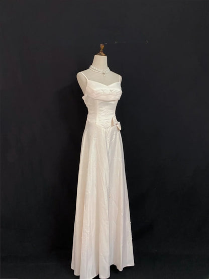 Vintage 90s A Line Spaghetti Straps Satin Pink With Beading Long Prom Dresses Formal Outfit Evening Night Dress RB7937
