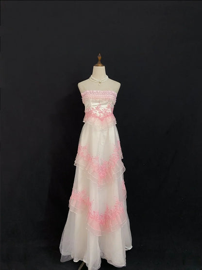 Vintage 90s A Line Strapless Pink Lace With Appliqued Long Prom Dresses Formal Outfit Evening Night Dress RB7938