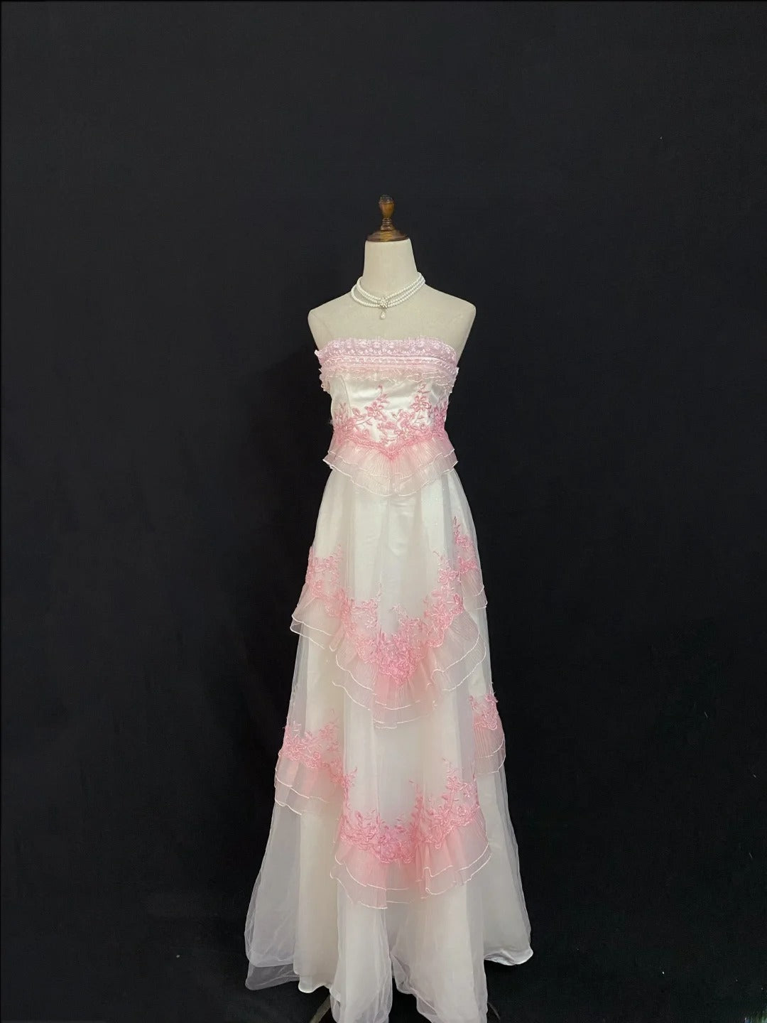Vintage 90s A Line Strapless Pink Lace With Appliqued Long Prom Dresses Formal Outfit Evening Night Dress RB7938