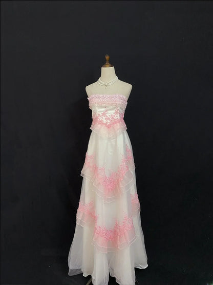 Vintage 90s A Line Strapless Pink Lace With Appliqued Long Prom Dresses Formal Outfit Evening Night Dress RB7938