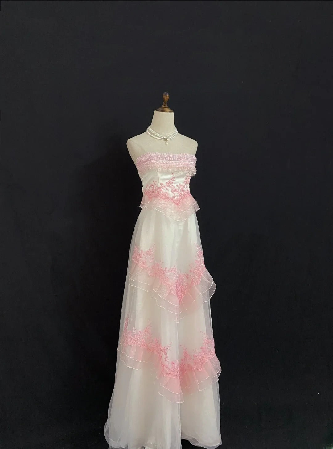 Vintage 90s A Line Strapless Pink Lace With Appliqued Long Prom Dresses Formal Outfit Evening Night Dress RB7938