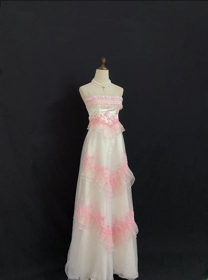 Vintage 90s A Line Strapless Pink Lace With Appliqued Long Prom Dresses Formal Outfit Evening Night Dress RB7938