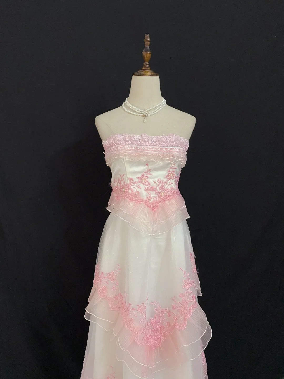 Vintage 90s A Line Strapless Pink Lace With Appliqued Long Prom Dresses Formal Outfit Evening Night Dress RB7938