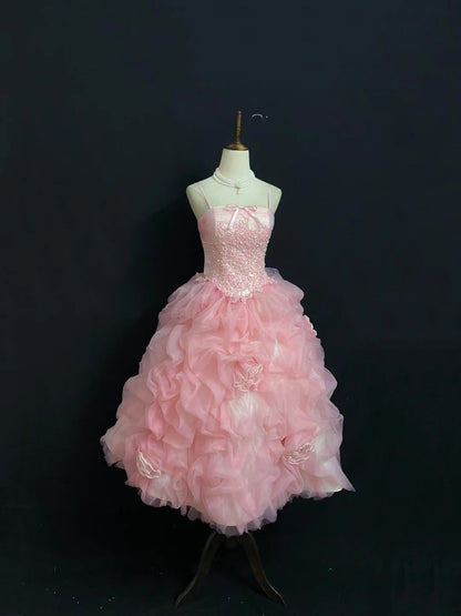 Cute Homecoming Dresses Ball Gown Tea Length Spaghetti Straps Pink Birthday Cocktail Dress Ideas Outfits RB7939