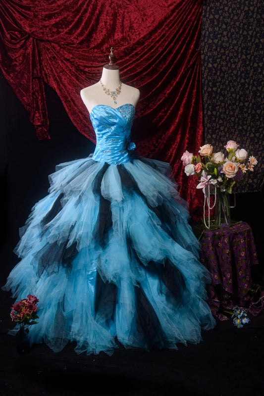 Pretty Ball Gown Blue Black Tulle Quinceanera Dresses Sweetheart For Sweet 15 15 Anos Gown Formal Outfits RB8633