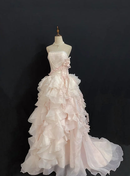 Princesses Fairytale Ball Gown Strapless Light Pink Long With Tiered Layers Long Quince Dress Quinceanera Dresses Formal Birthday Outfits RB7941