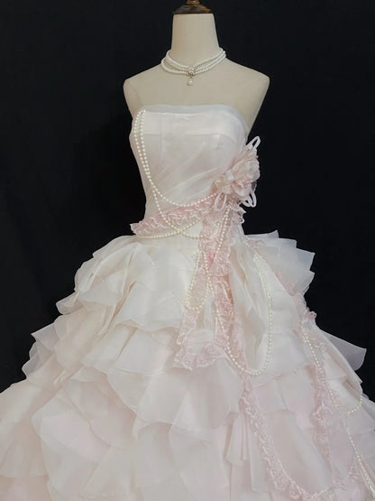 Aesthetic Ball Gown Strapless Light Pink Long With Appliques Tiered Layers Long Quince Dress Quinceanera Dresses Formal Birthday Outfits RB7940