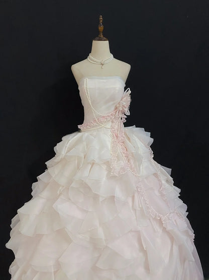Aesthetic Ball Gown Strapless Light Pink Long With Appliques Tiered Layers Long Quince Dress Quinceanera Dresses Formal Birthday Outfits RB7940