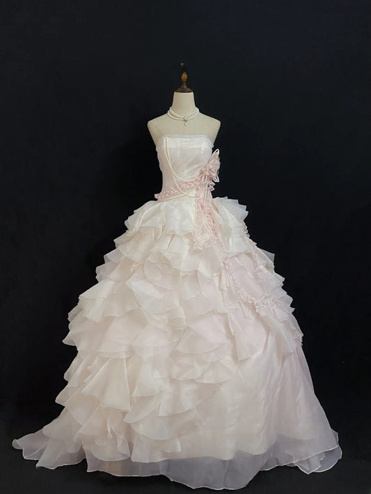 Aesthetic Ball Gown Strapless Light Pink Long With Appliques Tiered Layers Long Quince Dress Quinceanera Dresses Formal Birthday Outfits RB7940