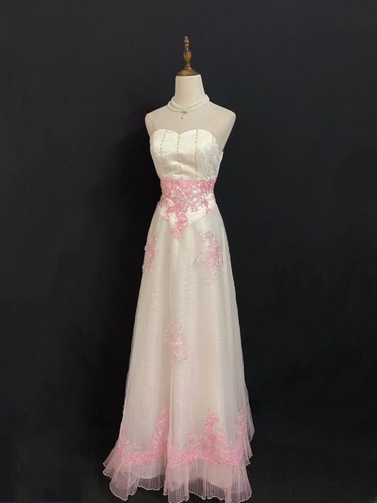 Vintage 80s A Line Sweetheart Pink Lace With Appliqued Long Prom Dresses Formal Outfit Evening Night Dress RB7942