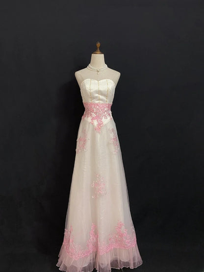 Vintage 80s A Line Sweetheart Pink Lace With Appliqued Long Prom Dresses Formal Outfit Evening Night Dress RB7942