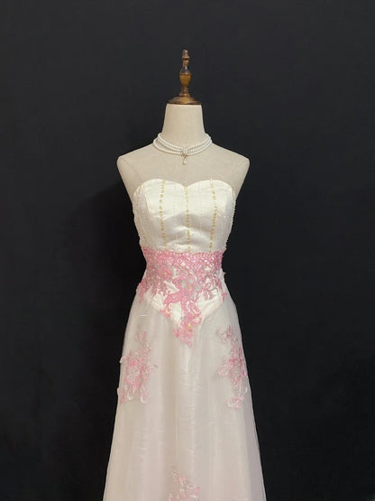 Vintage 80s A Line Sweetheart Pink Lace With Appliqued Long Prom Dresses Formal Outfit Evening Night Dress RB7942