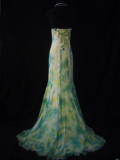 Retro 80er Jahre Meerjungfrauen-Trägerloses grünes Chiffonkleid mit Blumenmuster und Perlenstickerei – Langes Ballkleid als Inspiration für den 22. Geburtstag – Abendkleid AS485