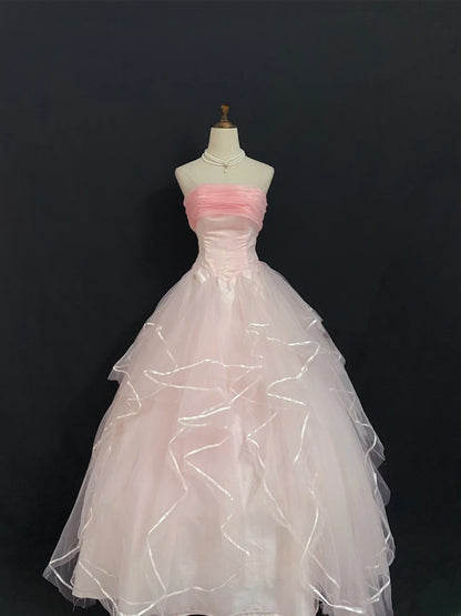 Princesses Fairytale Ball Gown Strapless Light Pink Long With Tiered Long Quince Dress Quinceanera Dresses Formal Birthday Outfits RB7943