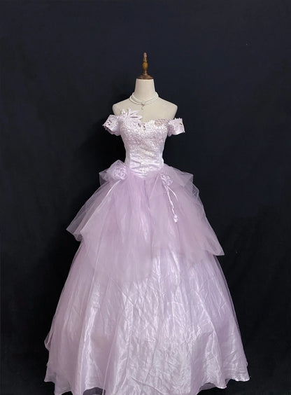 Princesses Fairytale Ball Gown Off The Shoulder Lilac With Flowers Lace Quince Dress Quinceanera Dresses Formal 16th Birthday Outfit RB7945