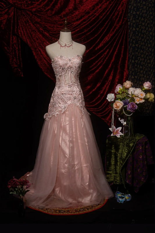 Classic Mermaid Sweetheart Pink Tulle Long Prom Dresses Inspiration Party Senior Dance Formal Dresses RB8636