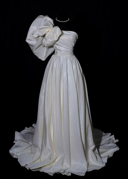 Modest Long Wedding Dresses A Line One Shoulder Satin Style For Bride With Pleated Bodice Train Bridal Dresses AS488